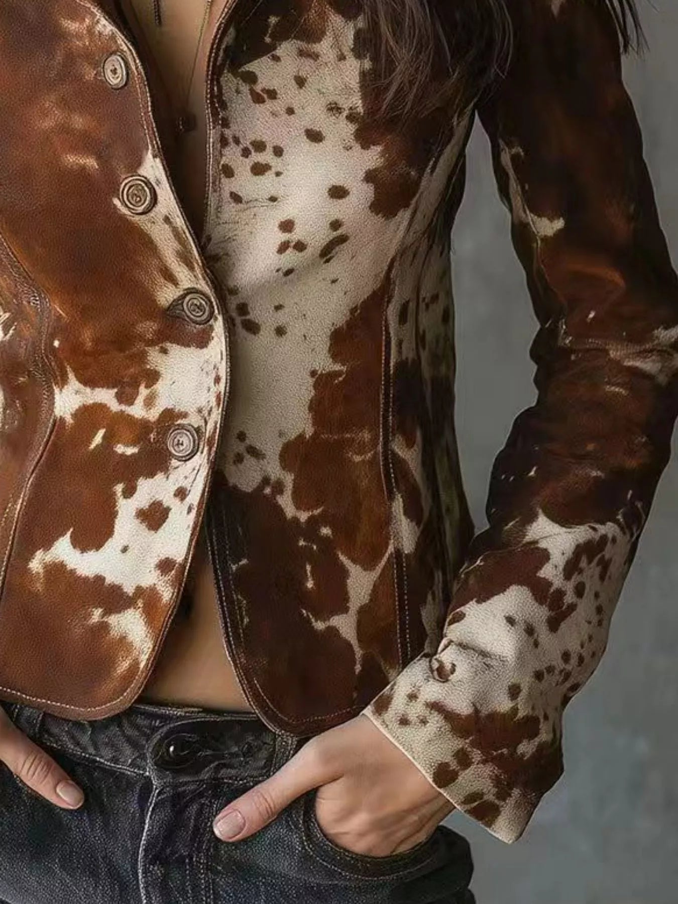 Sarah Express Women's Cow Print Blazer Button Up Jacket