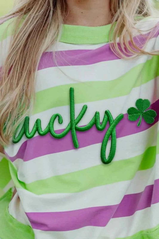 Sarah Express Women's Lucky Striped Round Neck T-Shirt - Embroidered Short Sleeve Tee Gum Leaf