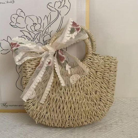 Sarah Express Women's Straw Crossbody Bag – Handcrafted Dumpling Shape with Embroidered Scarf Detail Beige