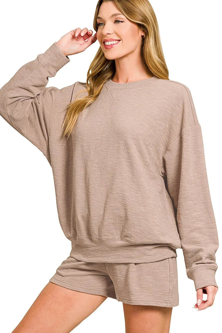 Sarah Express women’s slub knit lounge set with an oversized long sleeve top and matching shorts.