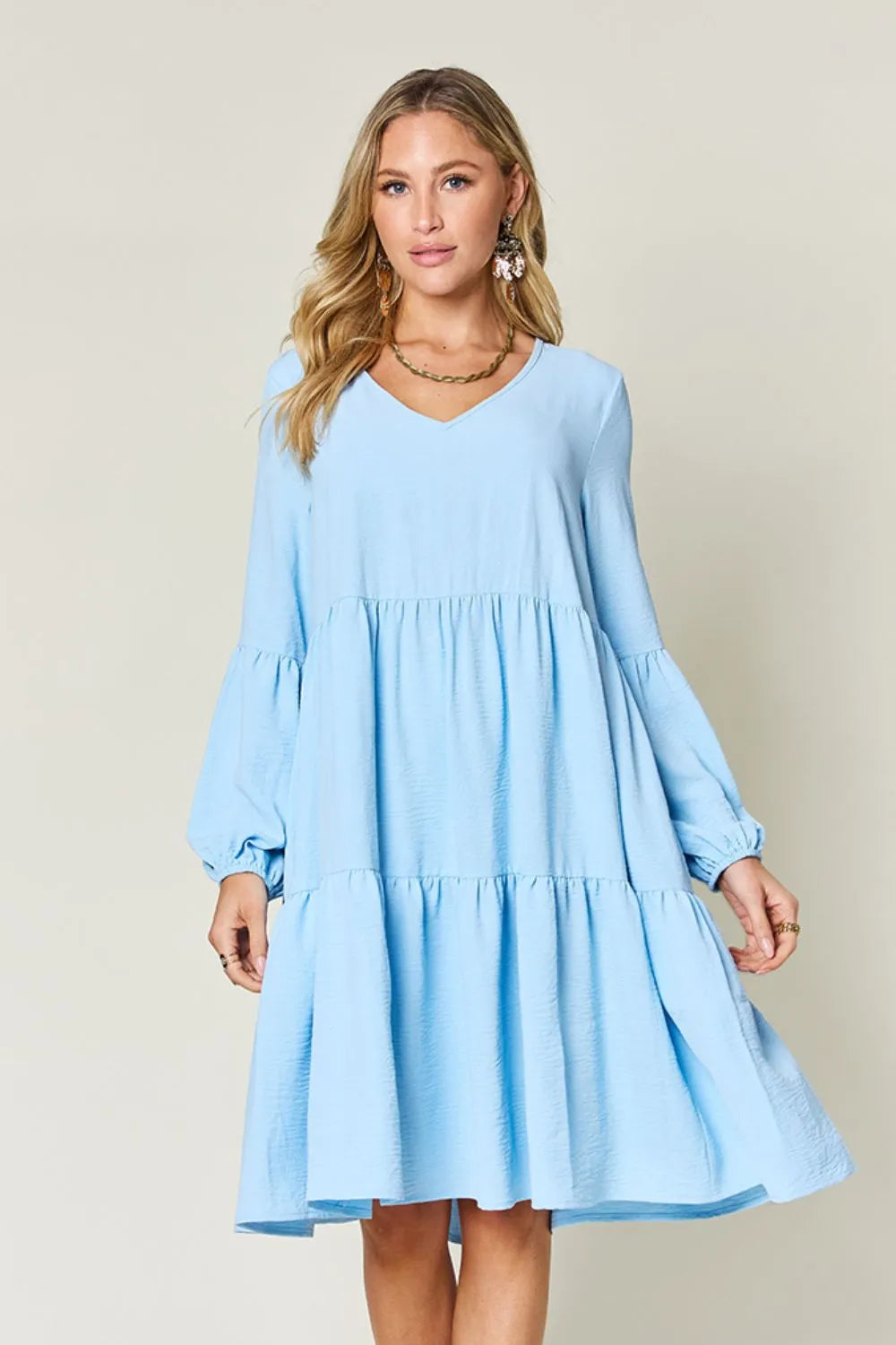 Sarah Express Women’s Plus Size V-Neck Balloon Sleeve Tiered Dress