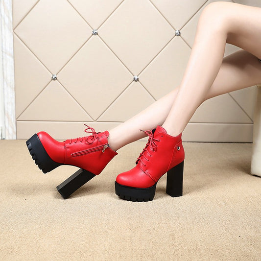 Sarah Express Chunky Heel Platform Boots for Women - Mid-Calf Pointed Toe Boots with Side Zipper