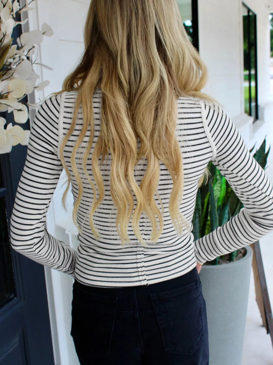 Sarah Express Women's Striped Button Detail Long Sleeve Top