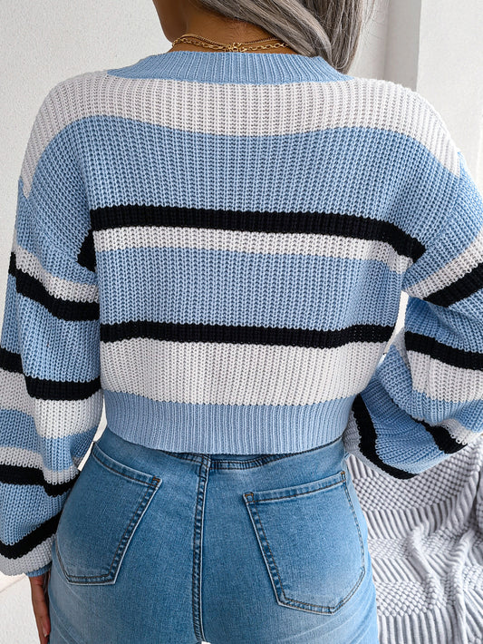 Sarah Express Women's Striped Long Sleeve Cropped Knit Sweater - Casual Pullover Top