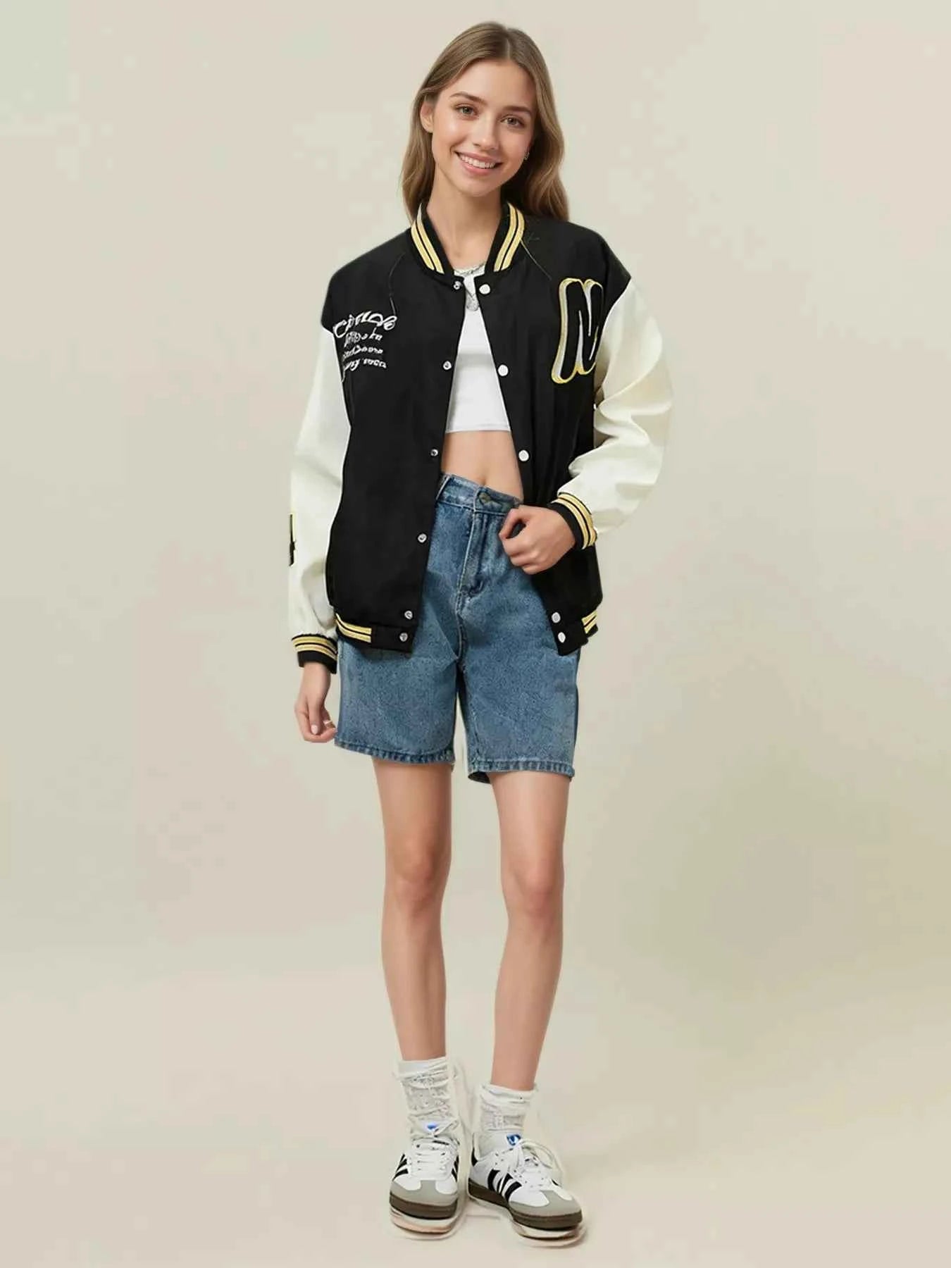 Sarah Express Women's Plus Size Color Block Snap Button Jacket - Contrast Sleeve Outerwear