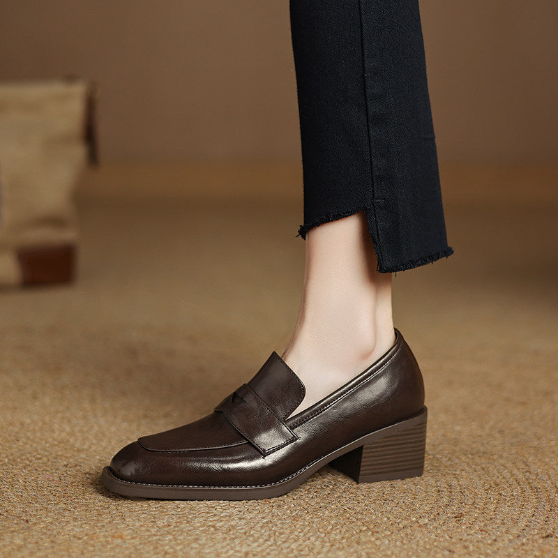 Sarah Express Women's Retro Square-Toe Chunky-Heel Slip-On Loafers – Sheepskin Leather Brown