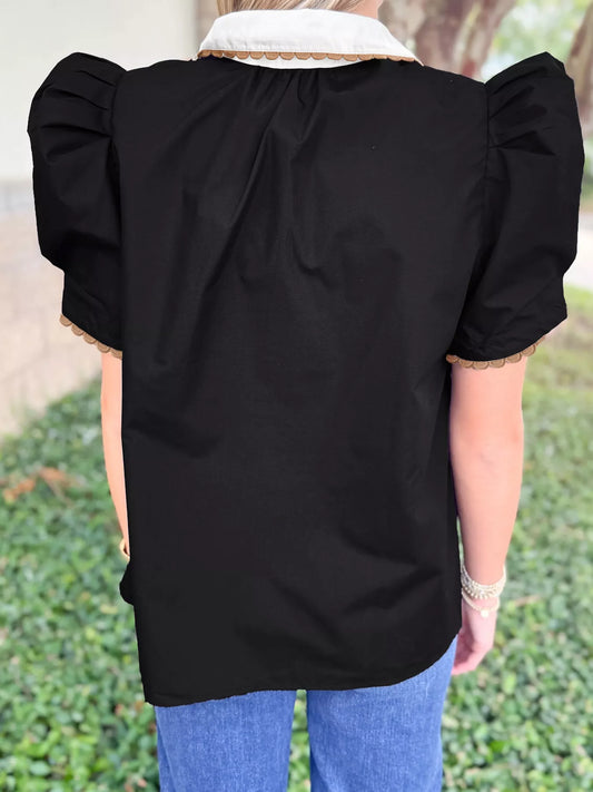 Sarah Express Women's Johnny Collar Puff Sleeve Blouse