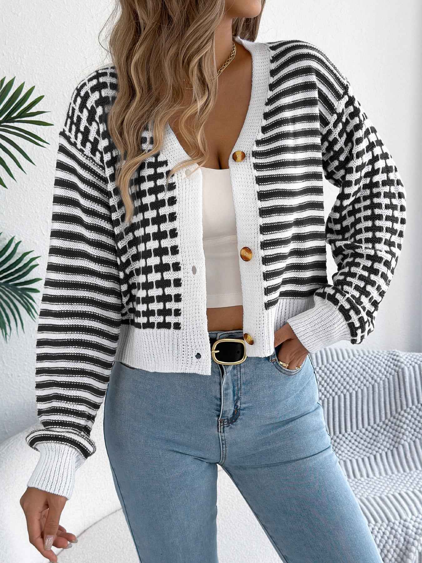 Sarah Express Women's Color Block Stripe Cardigan Sweater Lantern Sleeve Knit Black