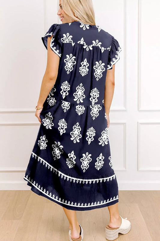 Sarah Express Women's Printed Notched Neckline Short Sleeve Dress