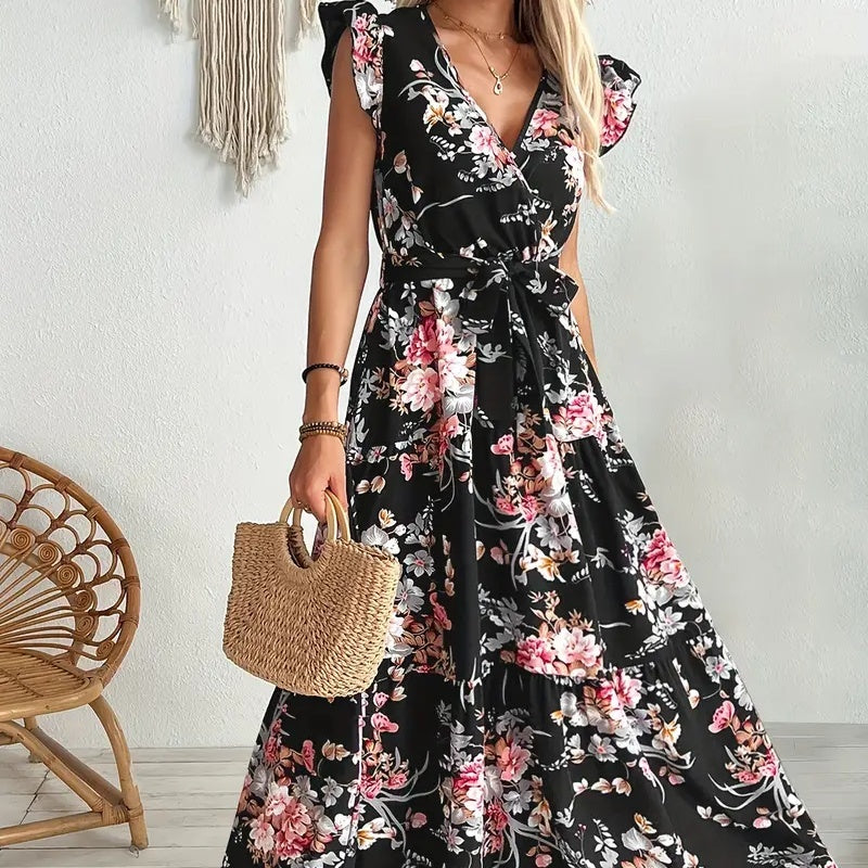 Sarah Express Women's Black Floral Print Dress Polyester