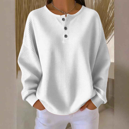 Sarah Express Women's Waffle Knit Long Sleeve Top - Button Detail Round Neck Pullover Shirt