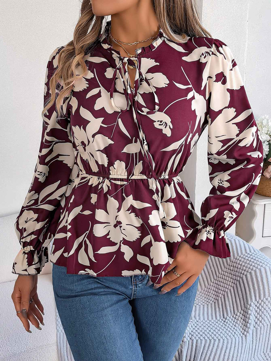 Women's Floral Tie-Waist Long Sleeve Chiffon Blouse - Premium Fashion Editorial
