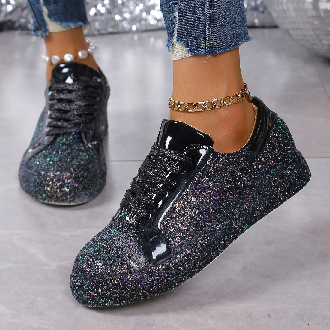 Women's Sequin Lace Up Sneakers - Premium Sparkle Fashion Footwear 2026