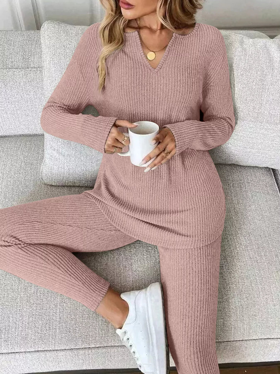 Women's Ribbed Knit Long Sleeve Top and Pants Lounge Set - Premium Loungewear