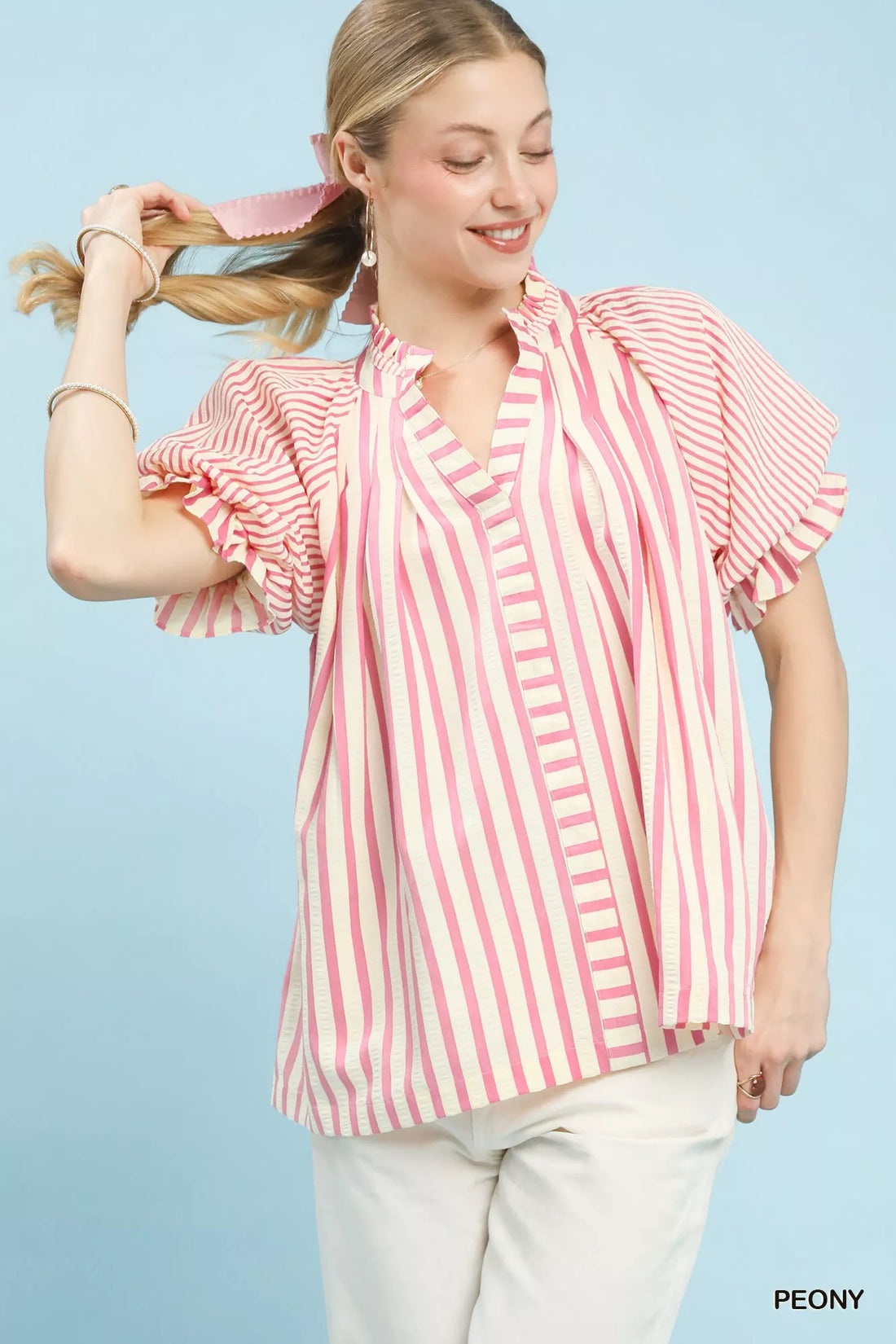 Women's Striped Notched Top with Flutter Sleeves - 2026 Fashion Trend Guide