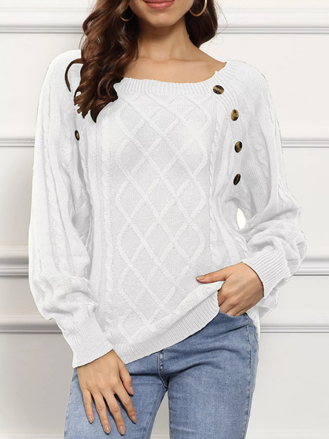 Women wearing elegant white cable knit boat neck sweater - winter fashion 2026
