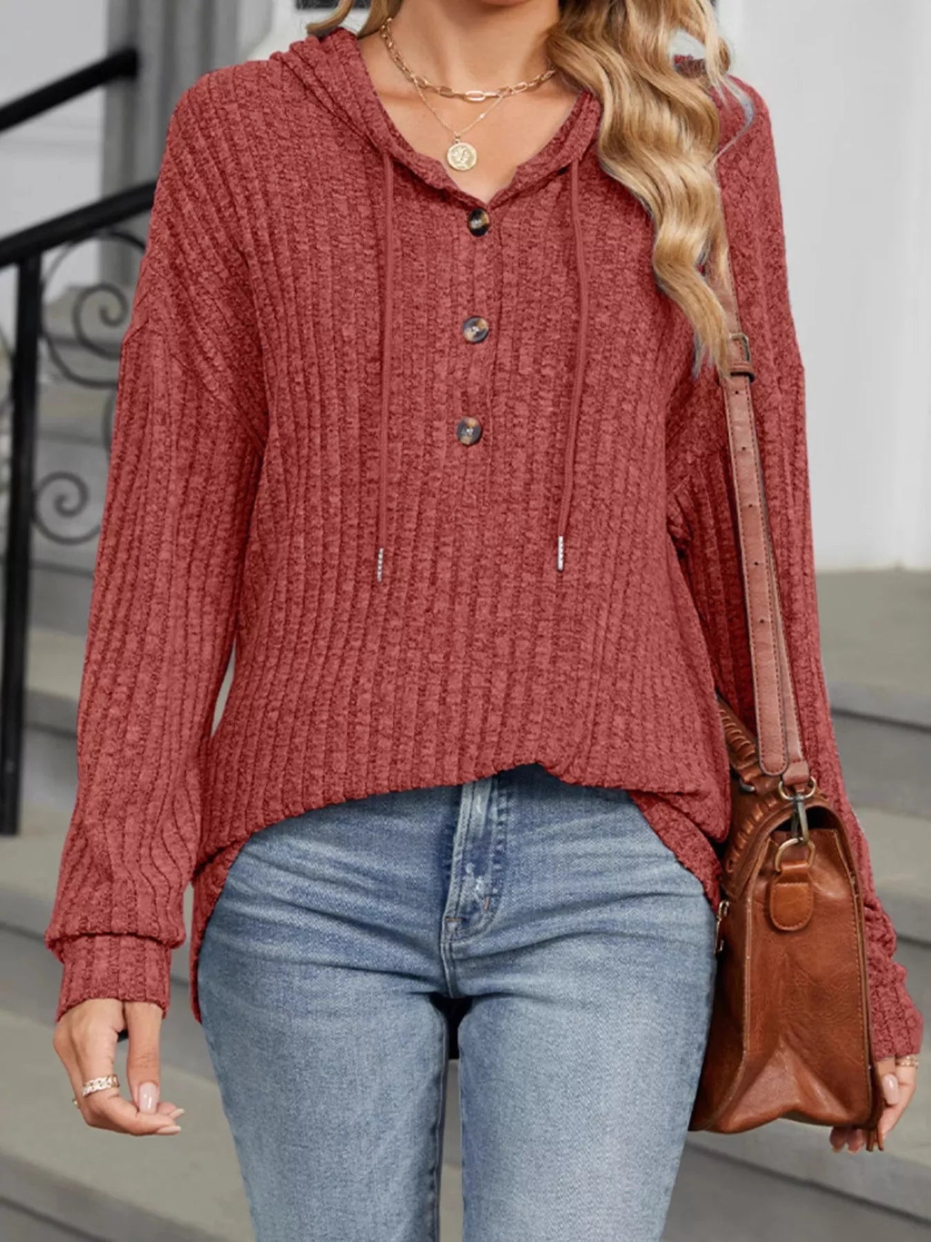 Sarah Express Women's Ribbed Knit Hoodie with Button Detail - Casual Drawstring Pullover Rust