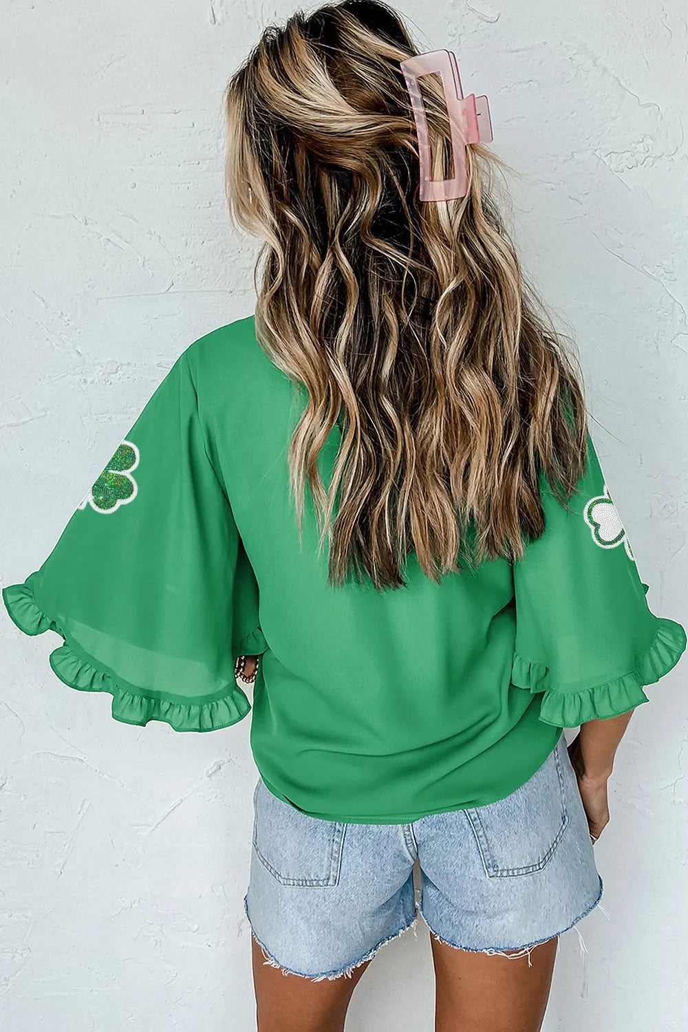 Sarah Express Women's Sequin Clover Graphic Bell Sleeve Blouse - St Patrick's Day Top