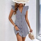 Sarah Express Women's V-Neck Button Front Flutter Sleeve Stripe Print Dress