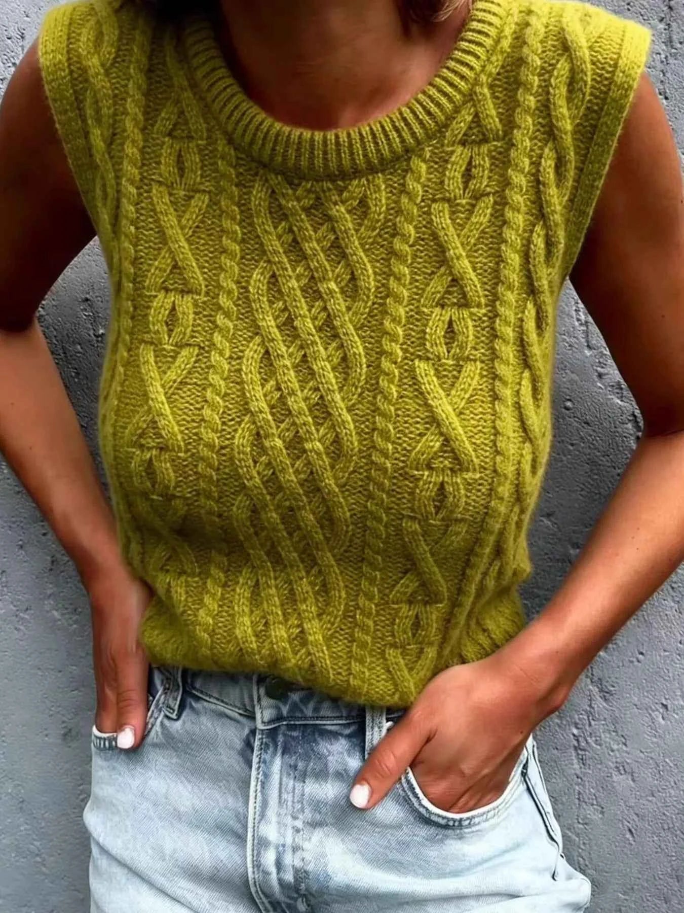 Sarah Express Women's Cable Knit Sweater Vest - Ribbed Sleeveless Knit Top Matcha Green