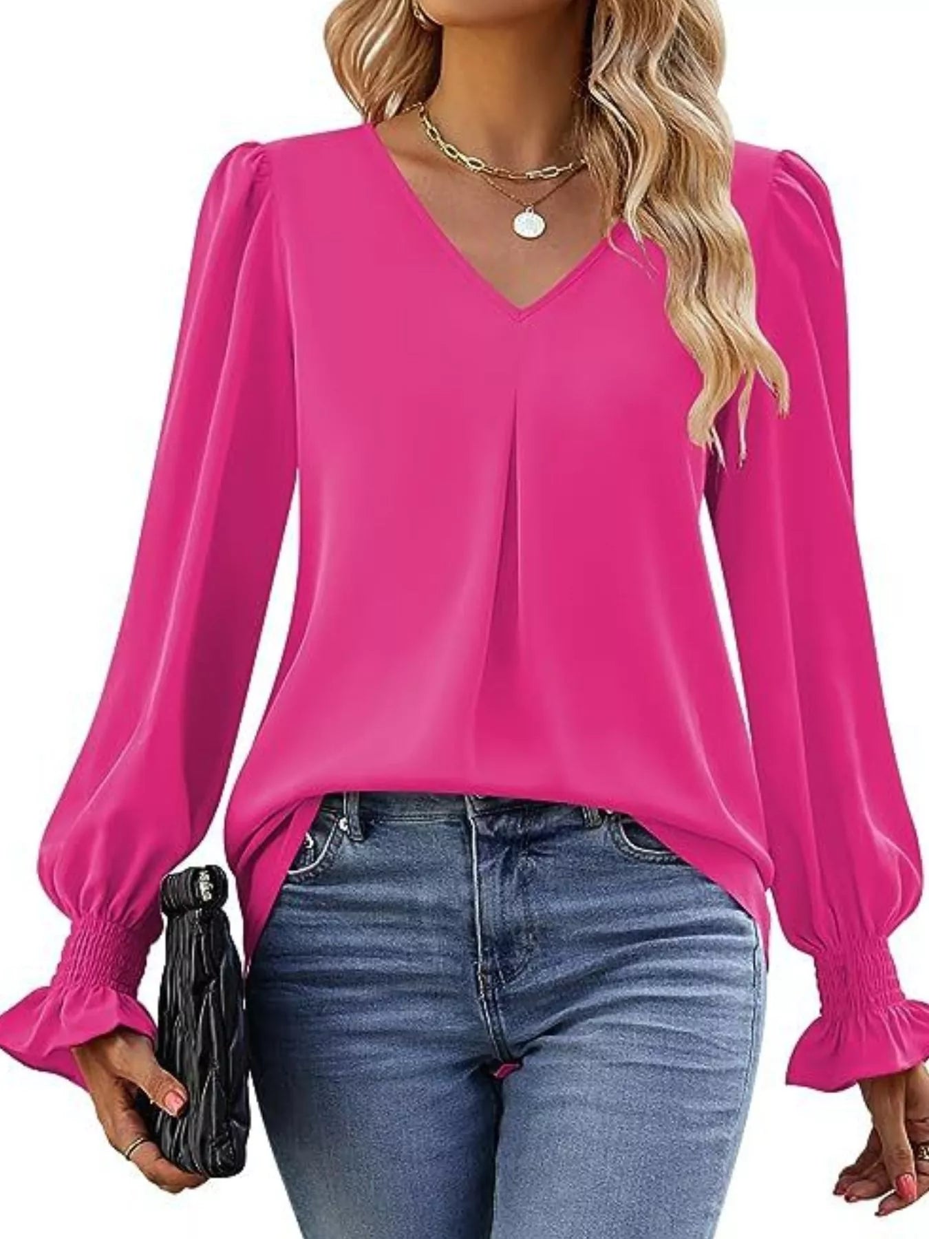 Sarah Express Women's V-Neck Long Sleeve Ruffle Cuff Blouse Hot Pink