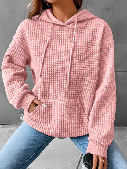 Sarah Express Women's Textured Kangaroo Pocket Hoodie Plus Size Drawstring Sweatshirt Pink