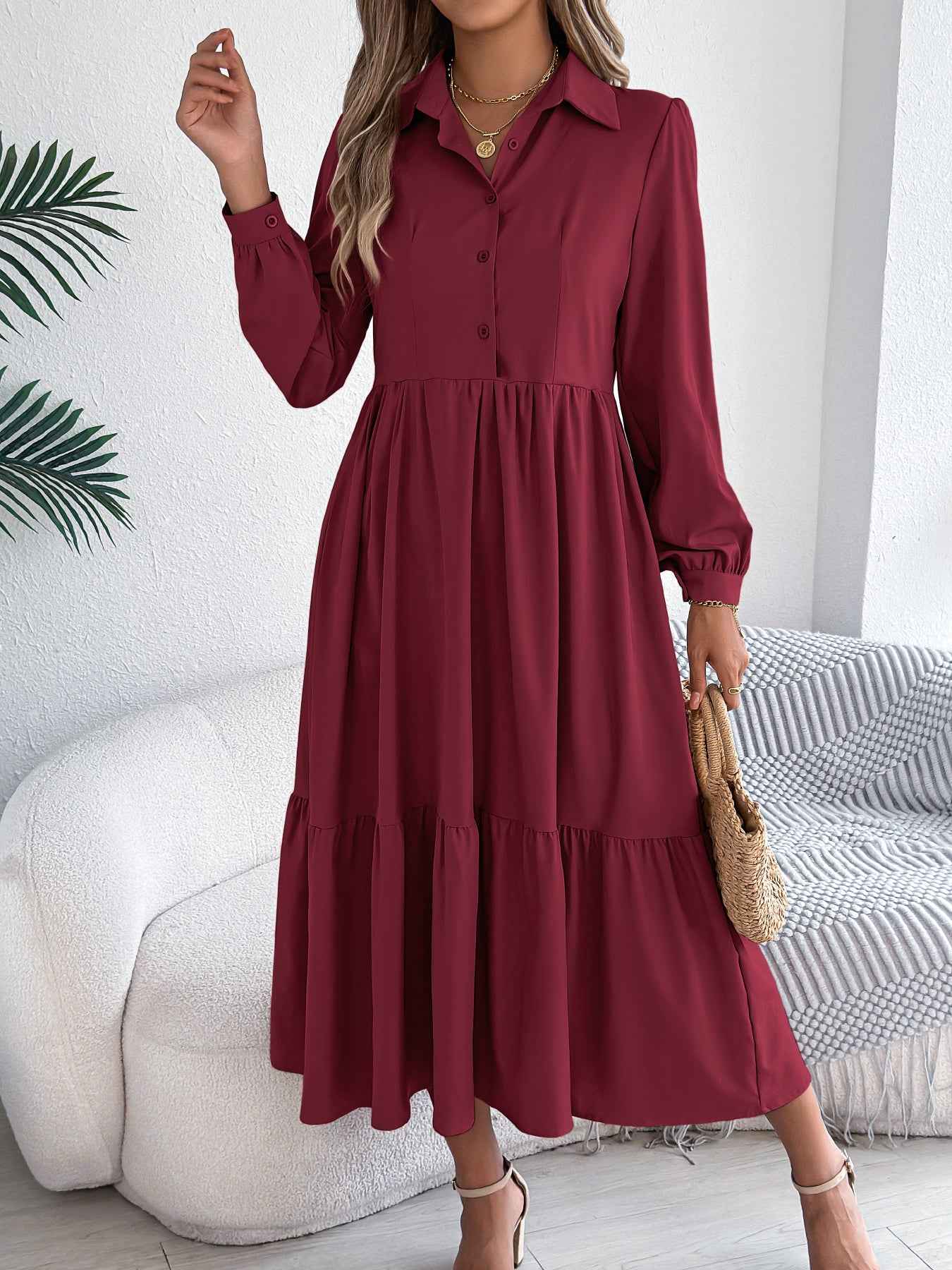Sarah Express Women's Lapel Ruffled Shirt Dress - Long Sleeve Casual Blouse Dress