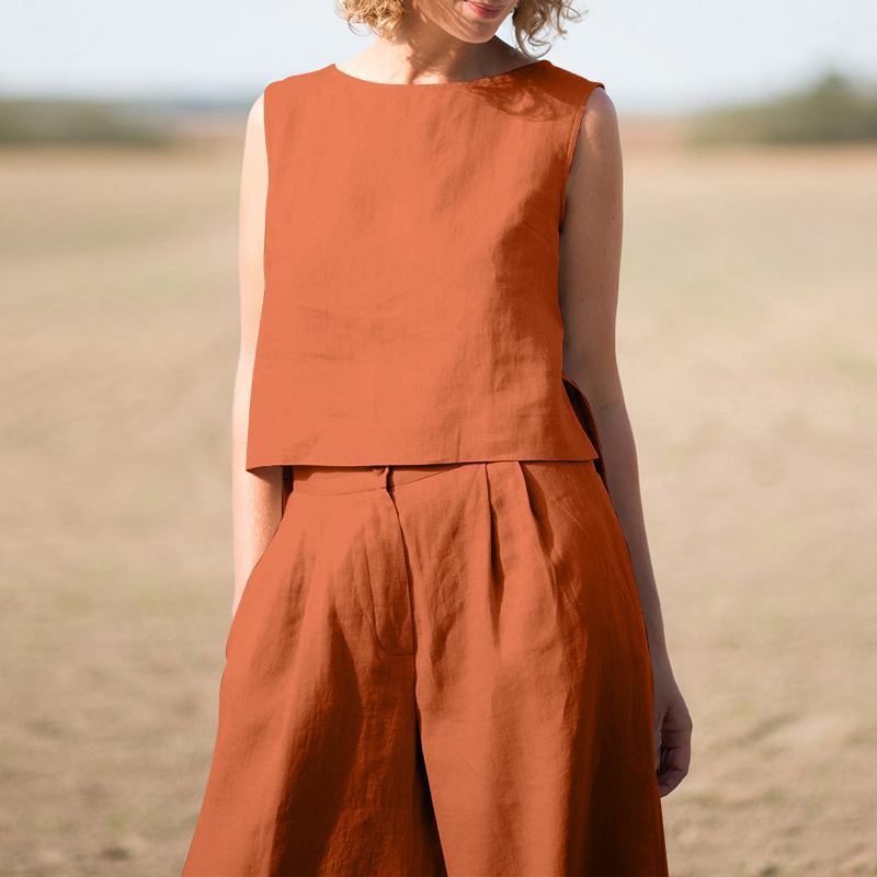 Sarah Express Cotton Linen Loose Two-Piece Set Top and Pants