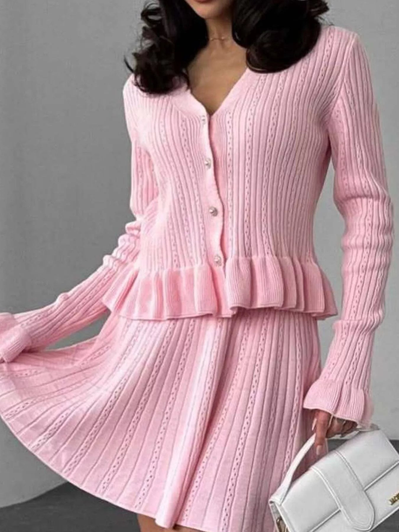 Sarah Express Women's Ruffle Trim Knit Cardigan & Skirt Set