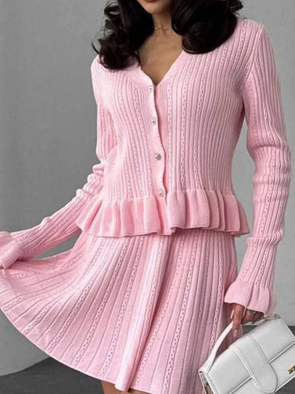 Sarah Express Women's Ruffle Trim Knit Cardigan & Skirt Set