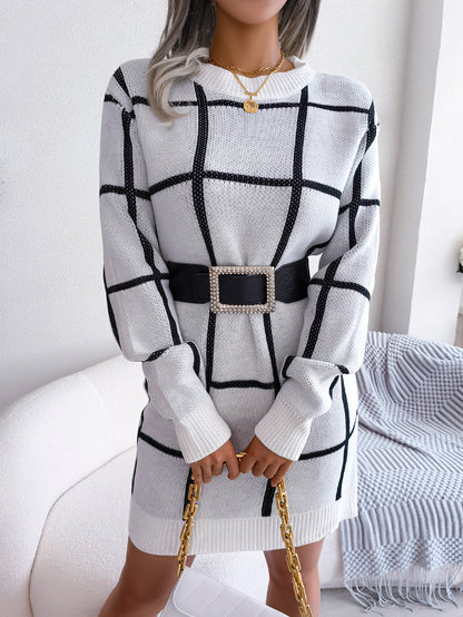 Sarah Express Women's Color Block Plaid Sweater Dress Long Sleeve Casual Knit Dress