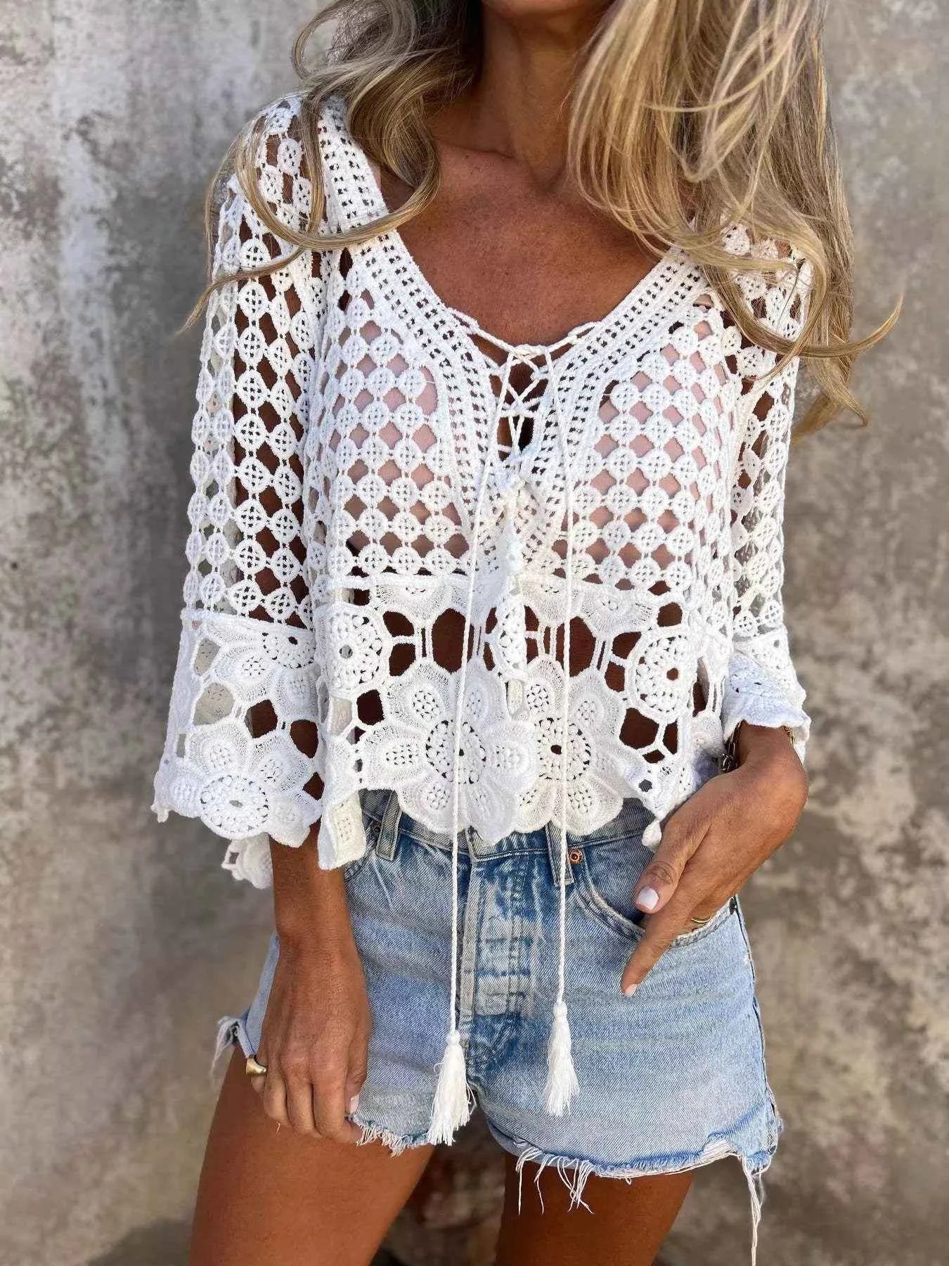 Sarah Express Women's Tassel Crochet Knit Beach Cover Up White One Size