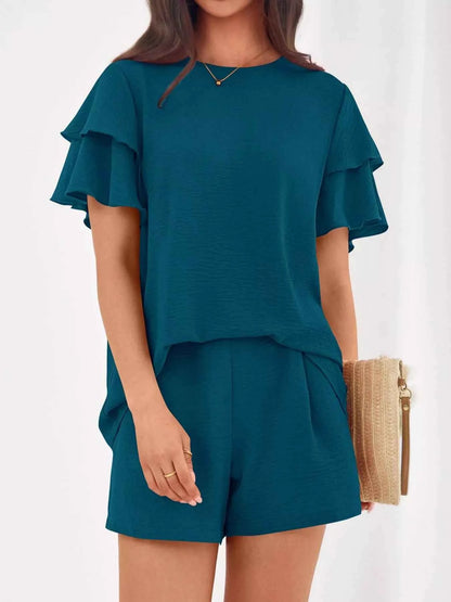 Sarah Express Women's Ruffle Sleeve Top and Shorts Two-Piece Set - Casual Summer Outfit