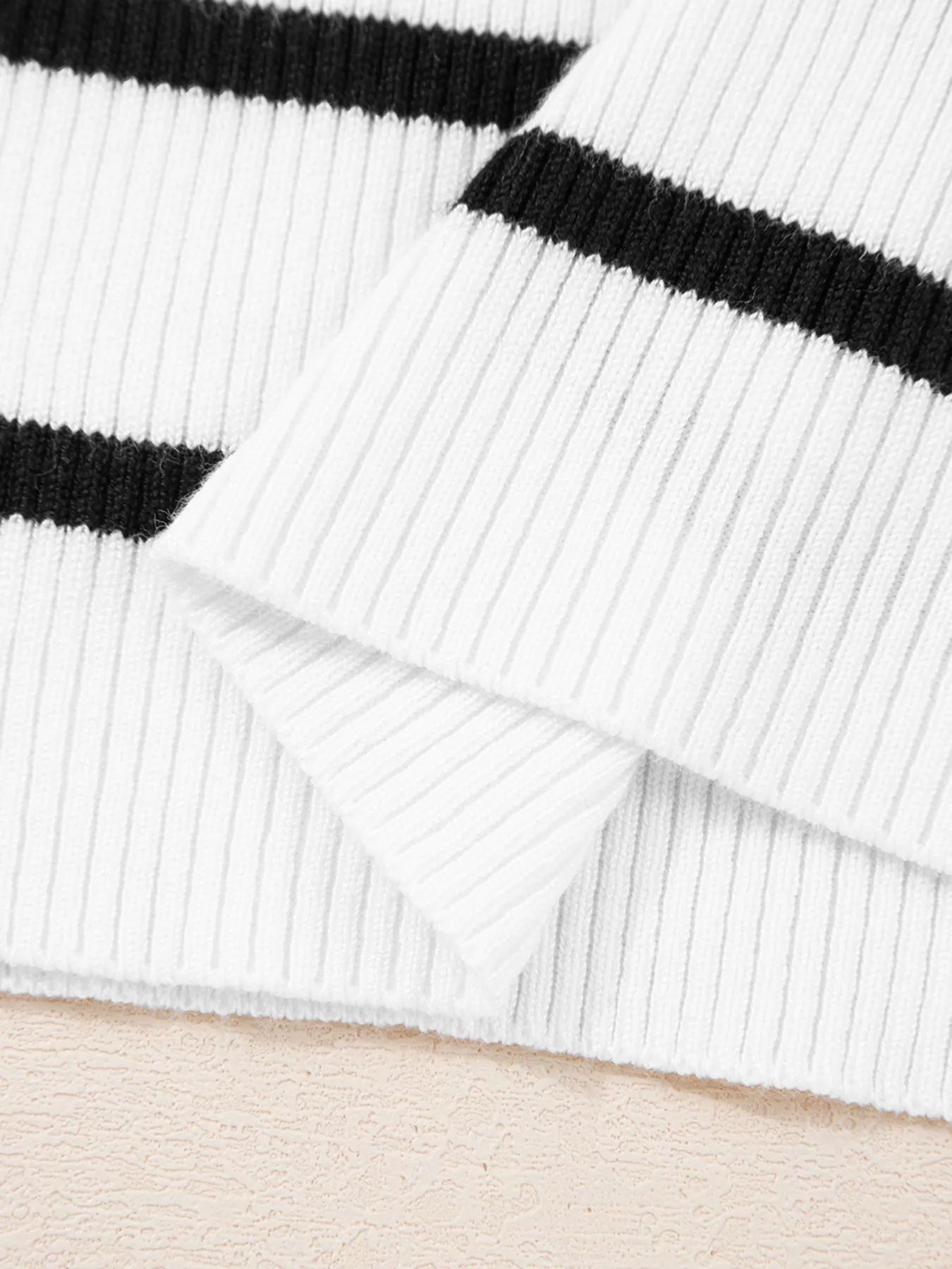 Sarah Express Women's Scalloped Trim U Neck Striped Ribbed Slim Knit Top