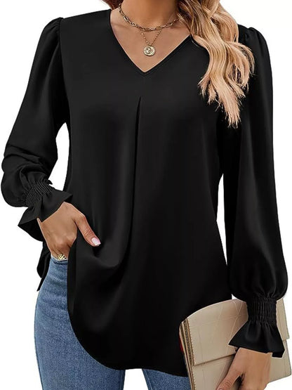 Sarah Express Women's V-Neck Long Sleeve Ruffle Cuff Blouse