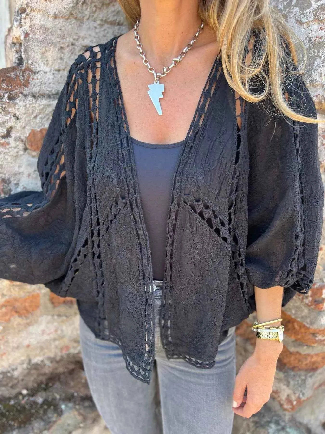 Sarah Express Women's Embroidered Lace Open Front Cardigan Plus Size