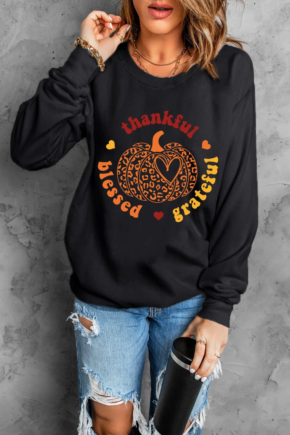 Sarah Express Women's Pumpkin Graphic Long Sleeve Sweatshirt Black
