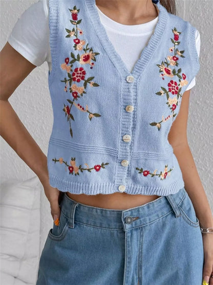Sarah Express Women's Embroidered Button Up Sweater Vest Light Blue