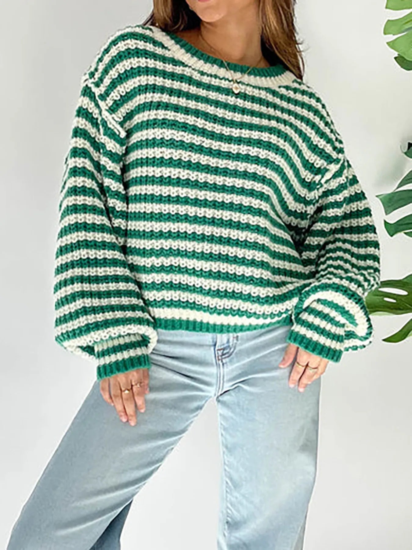 Sarah Express Women's Oversized Striped Drop Shoulder Sweater Green