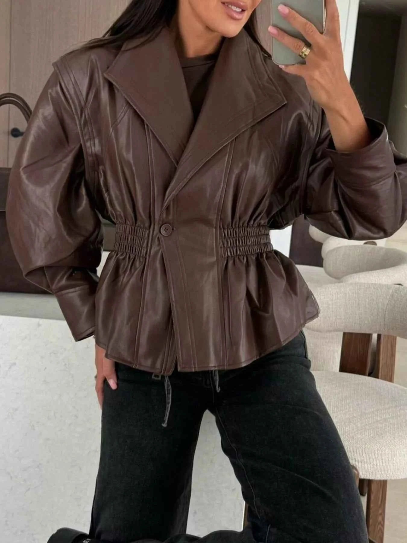 Sarah Express Women's Peplum Waist Faux Leather Jacket - Ruched Button Front Moto Jacket