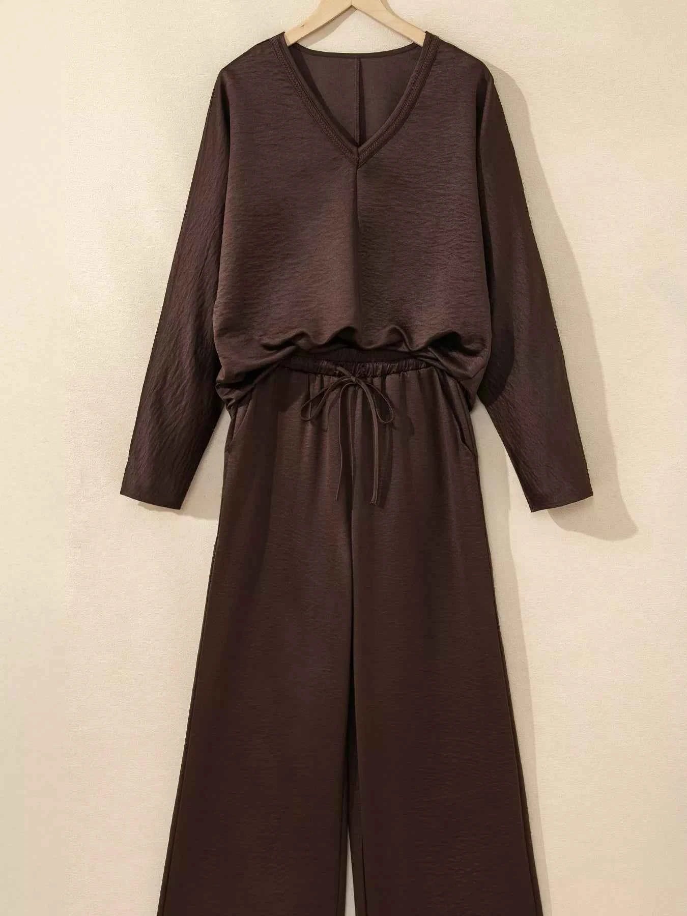 Sarah Express Women's Braided V-Neck Long Sleeve Top and Drawstring High Waist Pants Set