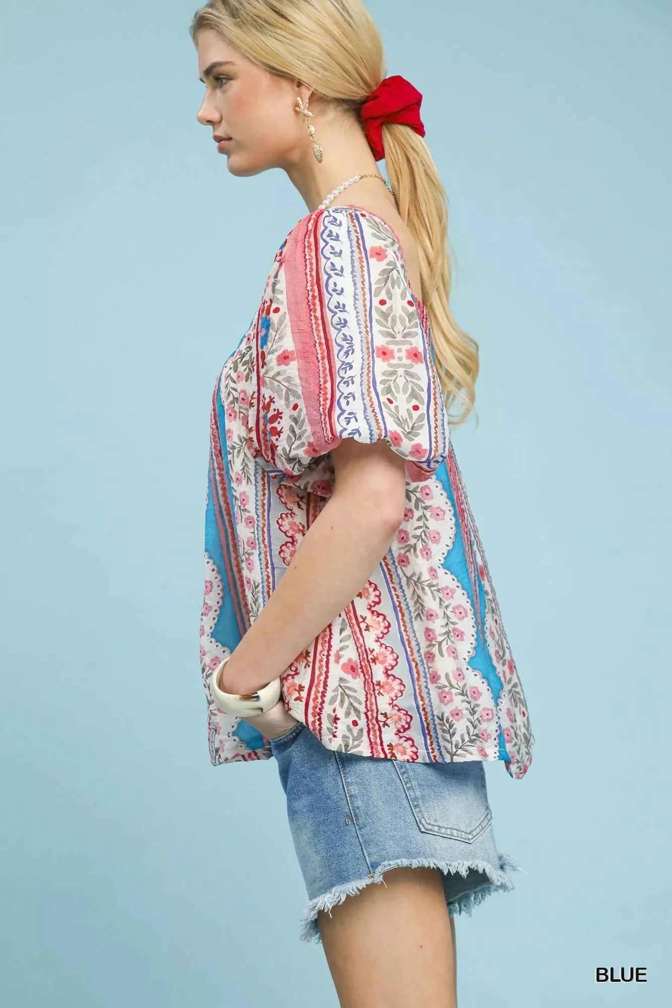 Sarah Express Women's Patchwork Puff Sleeve Smocked Blouse - Floral Stripe Square Neck Top