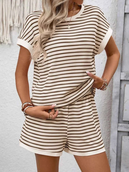 Sarah Express Women's Striped Round Neck Top and Shorts Set - Casual Two Piece Outfit Taupe