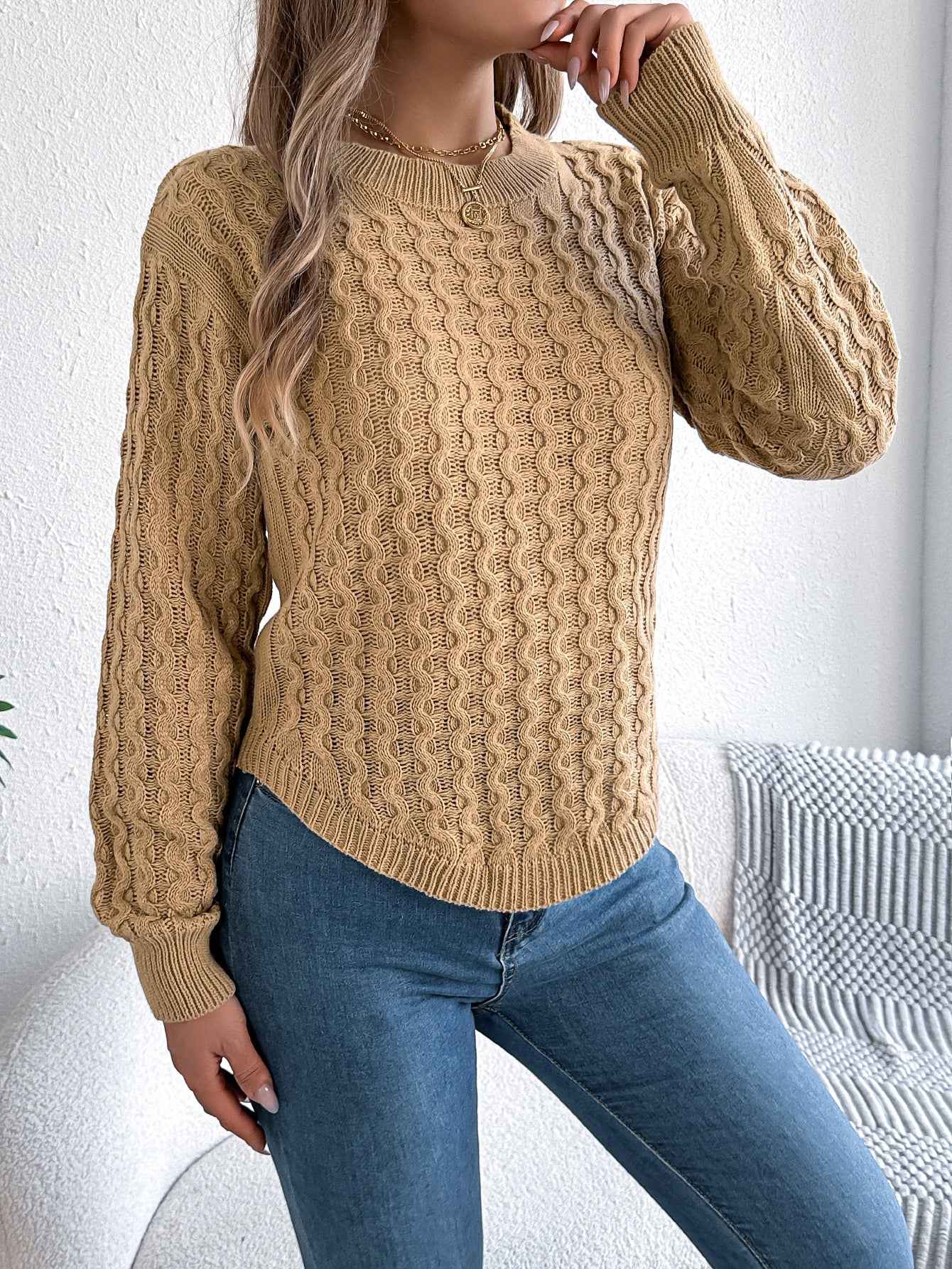 Sarah Express Women's Cable Knit Sweater - Lantern Sleeve Irregular Hem Pullover