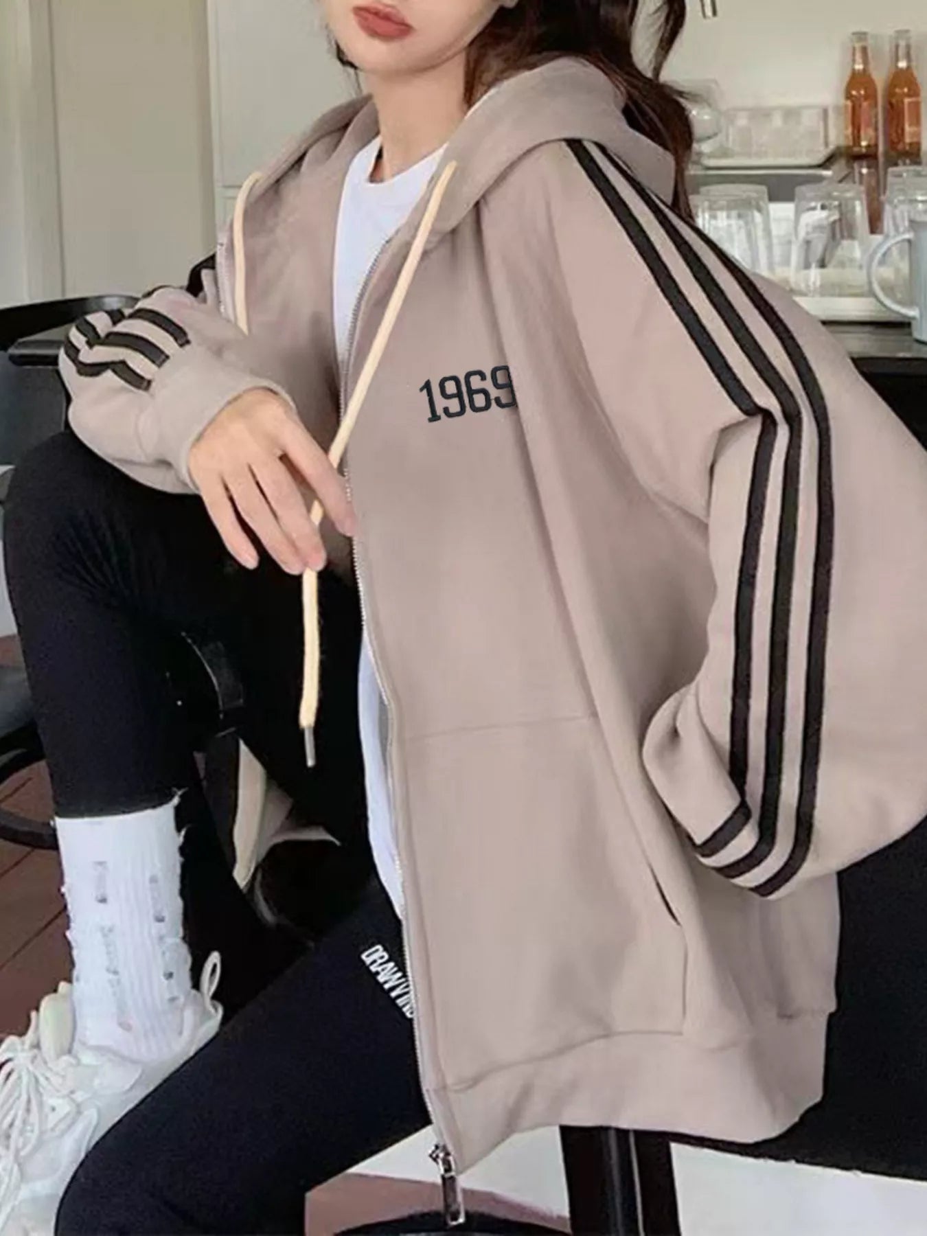 Sarah Express Women's Striped Sleeve Zip-Up Hoodie