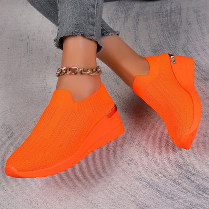 Sarah Express Women's Flyknit Mesh Breathable Wedge Sneakers | Slip-On Platform Casual Shoes