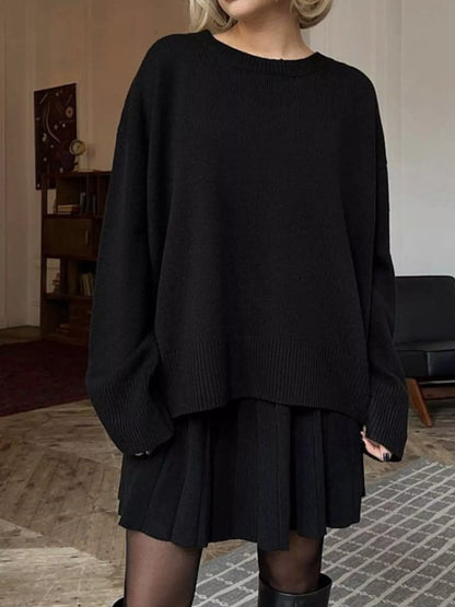 Sarah Express Women's Round Neck Top and Pleated Skirt Sweater Set