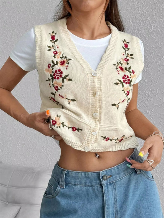 Sarah Express Women's Embroidered Button Up Sweater Vest Beige