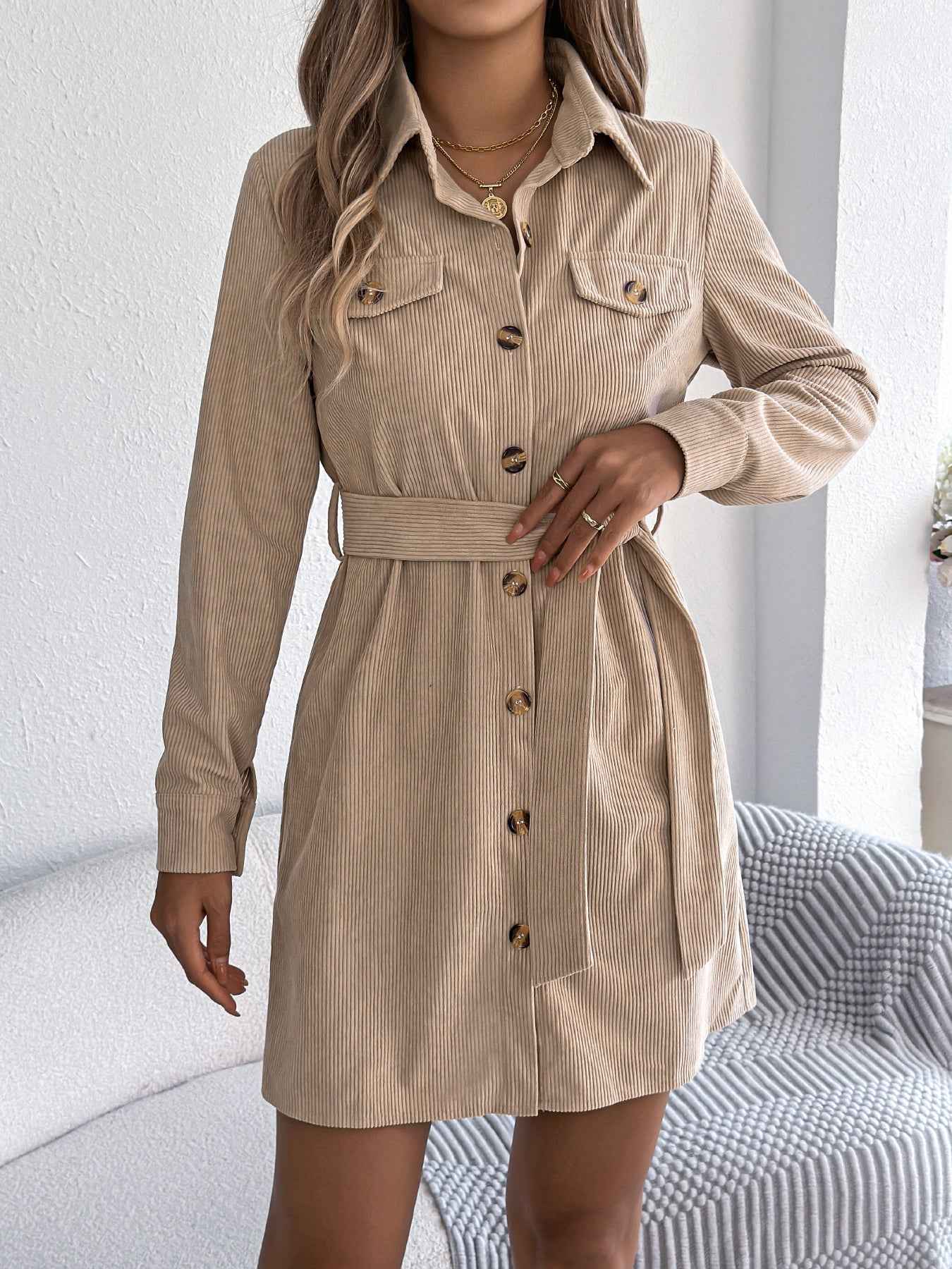 Sarah Express Women's Corduroy Shirt Dress - Long Sleeve Button Front Casual Dress
