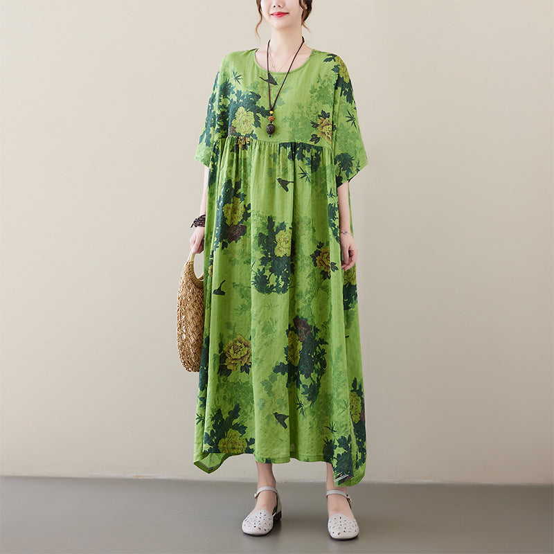 Sarah Express Renaissance Cotton Blend Maxi Dress Short Sleeve Round Neck Swing Silhouette